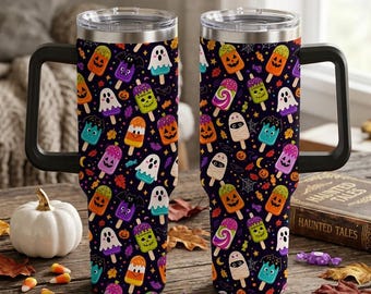 Halloween Popsicle 40oz Tumbler with Handle, Cute Spooky Ice Cream Cup, Halloween Treats Travel Mug, Gift for Her