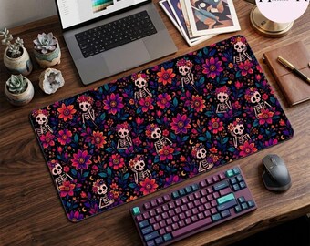 Vibrant Floral Skeleton Desk Mat, Gothic Skull Flower Mouse Pad, Large Gaming Desk Pad, Office Decor