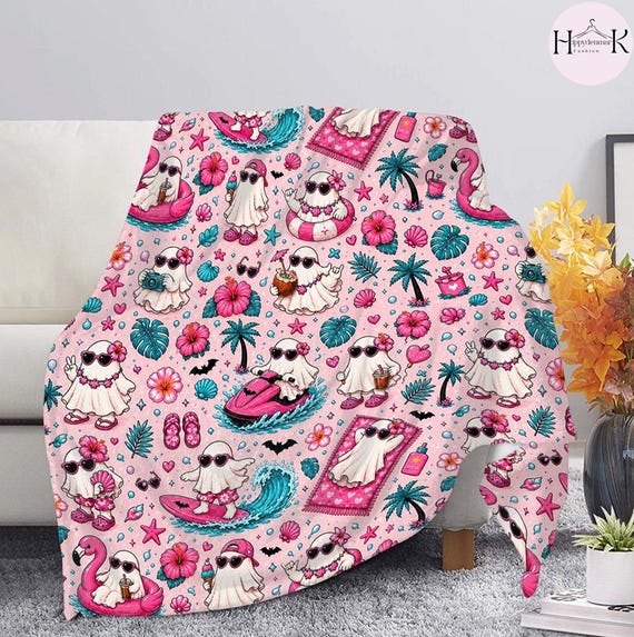 Summerween Ghost Blanket, Cute Ghost Beach Throw Blanket, Spooky Summer Halloween Blanket, Pink Tropical Vacation Blanket, Halloween Gift