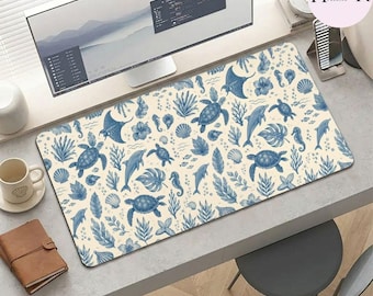Sea Turtle Desk Mat, Blue Coastal Ocean Mouse Pad, Dolphin Coral Reef Large Keyboard Mat, Beach Office Decor Gift for Her