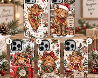 Highland Cow Christmas Phone Case, Western Cowgirl iPhone Case, Cute Cowboy Christmas Cover, Rustic Holiday Cow Case, Xmas Gift for Her