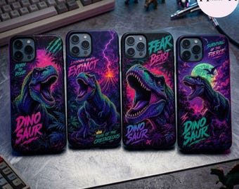 Dinosaur Phone Case, Neon T Rex Tough iPhone Case, MagSafe Dino Case, Prehistoric Monster Phone Cover Gift for Boys Men