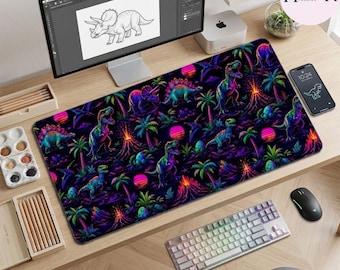 Neon Dinosaur Mouse Pad, Synthwave Desk Mat, Retro Cyberpunk Gaming Desk Pad, Large Keyboard Mat