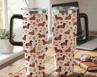 Dachshund 40oz Tumbler with Handle, Valentine Wiener Dog Cup, Doxie Mom Gift, Heart Flower Travel Mug