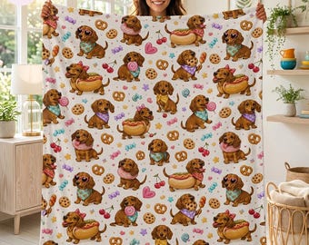 Couverture teckel, joli motif de bonbons pour chien viennoiseries, couverture polaire pour chien saucisse kawaii, cadeau pour amoureux des chiens, décoration d'intérieur confortable