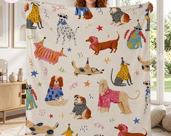 Couverture pour chien de dessin animé mignon, jeté de chiot fantaisiste, couverture en polaire colorée pour fête des chiens, décoration d'intérieur confortable pour les amoureux des animaux de compagnie, cadeau pour maman chien