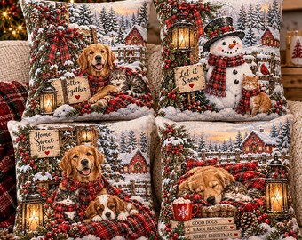 Funda de almohada navideña para perros y gatos, cojín decorativo rústico de estilo granja para las fiestas, cojín de invierno con forma de muñeco de nieve, decoración navideña a cuadros, regalo acogedor para amantes de las mascotas.