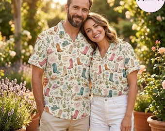 Western Cowboy Hawaiian Shirt, Vintage Cowgirl Boots Aloha Shirt, Cactus Rodeo Button Up, Yeehaw Beach Shirt