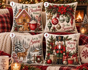 Funda de almohada navideña, cojín decorativo rústico de estilo granja para las fiestas, cojín navideño de reno y cascanueces de jengibre, decoración navideña acogedora para el hogar.