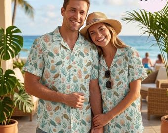 Vintage Sea Turtle Hawaiian Shirt, Coastal Coral Pattern Button Down, Under the Sea Shirt, Tropical Cruise Gift