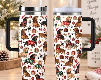 Christmas Wiener Dog Tumbler, Cute Dachshund Travel Cup, Holiday Doxie Tumbler, Sausage Dog Christmas Cup, Dachshund Lover Gift, Xmas Gift