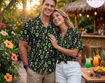 Chemise hawaïenne effrayante avec tête de mort verte, squelette dansant boutonné, chemise de fête d'Halloween pour homme