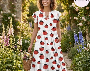 Süßes Marienkäfer Print Sommerkleid mit Taschen, Red Beetle Insekt Midi Kleid, Frauen V Ausschnitt Rüschen Ärmel Kleid, Wunderliches Cottagecore Outfit