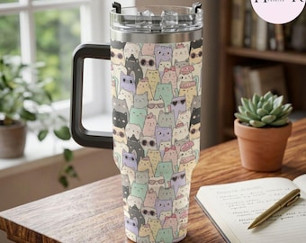 Gobelet à motif chat mignon, tasse de voyage chats kawaii, tasse isotherme en acier inoxydable, cadeau pour amoureux des chats pour femme, bouteille d'eau esthétique Kitty