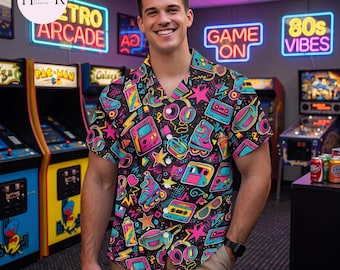80s Retro Hawaiian Shirt, Neon Arcade Aloha, Cassette Roller Skate Button Up, Vaporwave Summer Beach Gift for Men
