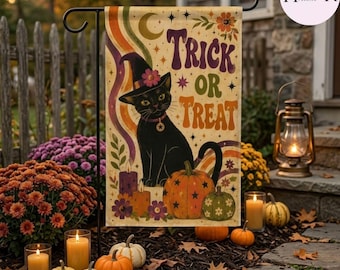 Black Cat Halloween Garden Flag, Trick or Treat Witch Cat Yard Flag, Retro Fall Porch Decor, Spooky Outdoor Halloween Flag