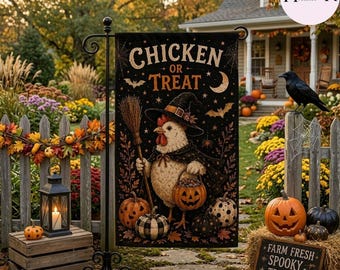 Halloween Chicken Garden Flag, Chicken or Treat Witch Hen Yard Flag, Funny Farmhouse Fall Porch Decor, Spooky Outdoor Halloween Flag