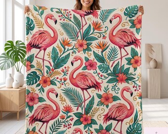 Manta de flamencos rosas, manta polar con estampado floral tropical, manta de hibisco, decoración botánica para sofá, regalo para casa de playa de verano