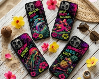 Tropical Beach iPhone Case, Neon Summer Animal Phone Cover, Dolphin Turtle Starfish Pineapple Case for Women Teens