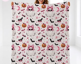 Couverture fantôme d'Halloween coquette, jeté chauve-souris citrouille avec noeud rose, jolie couverture polaire saison fantasmagorique, cadeau de décoration d'Halloween confortable