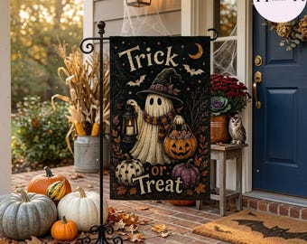 Drapeau de jardin d'Halloween fantôme, des bonbons ou un sortilège, drapeau de jardin fantôme, décoration d'extérieur fantôme sorcière fantasmagorique, drapeau de jardin de porche d'automne