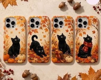 Black Cat Fall Phone Case, Autumn Pumpkin iPhone Case, Cute Halloween Cat Tough Case, Samsung Galaxy Cover, Cat Lover Gift
