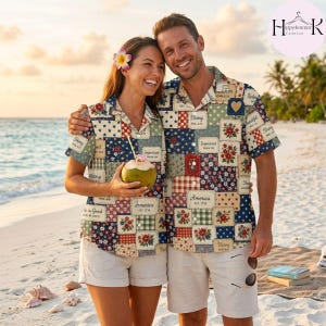 May include: Two short-sleeved button-down shirts featuring a patchwork pattern of red, white, and blue stars, stripes, floral motifs, and text blocks reading America Est. 1776 and Psalm 4:13, paired with light-colored shorts on a sandy beach.