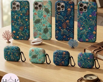 Sea Turtle iPhone 16 Pro Max Case, Ocean Coral Reef iPhone 15 14 13 Phone Cover and AirPods Case Set for Women Teens