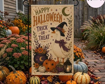 Drapeau de jardin d'oies d'Halloween, des bonbons ou des sorts sorcières, drapeau de cour, joli décor de porche d'automne, drapeau d'extérieur de ferme fantasmagorique