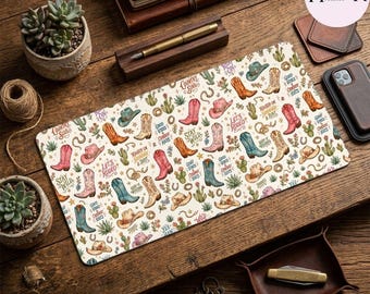 Western Desk Mat, Cute Cowboy Boots Desk Pad, Cowgirl Mouse Pad, Large Gaming Desk Mat, Office Decor