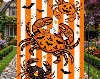 Drapeau de jardin de crabe d'Halloween, drapeau de jardin de chauve-souris fantôme crabe citrouille mignon, décoration extérieure effrayante côtière, bannière de porche d'Halloween de plage