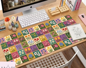 Wildflower Grid Desk Mat, Floral Grid Mousepad, Botanical Flower Office Decor, Cottagecore Floral Desk Mat, Patchwork Wildflower Decor