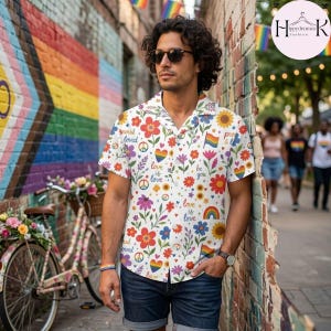 Pride Hawaiian Shirt Men, Retro LGBTQ Flower Button Up, Love Is Love Festival Shirt, Gay Pride Month Men Shirt, Rainbow Floral Button Down