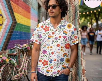 Pride Hawaiian Shirt Men, Retro LGBTQ Flower Button Up, Love Is Love Festival Shirt, Gay Pride Month Men Shirt, Rainbow Floral Button Down