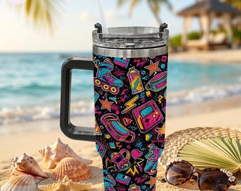 Retro 80s Roller Skate 40oz Tumbler, Neon Vaporwave Travel Mug, Synthwave Drinkware, Insulated Cup, Music Lover Gift