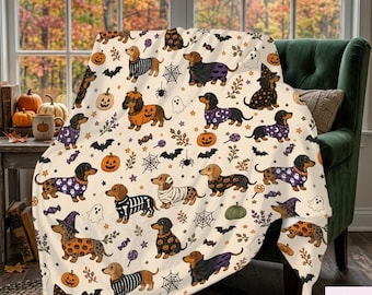 Dachshund Halloween Blanket, Cute Wiener Dog Throw, Spooky Sausage Dog Fall Decor, Cozy Dog Mom Gift