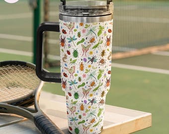 Cute Bug 40oz Tumbler with Handle, Cottagecore Insect Travel Mug, Botanical Nature Cup, Gift for Nature Lovers