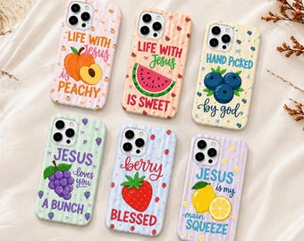 Christian Fruit Phone Case, Cute Jesus Case, Faith Based Bible Verse Quote Phone Cover, Peach Watermelon Berry Lemon Blueberry Grape Case