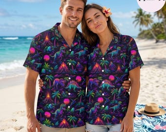 Retro Neon Dinosaur Hawaiian Shirt, Vaporwave T-Rex Aloha Shirt, Synthwave Volcano Button Up, Rave Festival Camp Tee