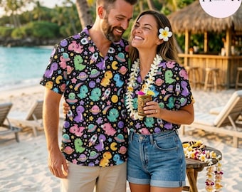 Cute Dinosaur Space Hawaiian Shirt, Funny Dino Astronaut Aloha Shirt, Galaxy Button Up, Beach Vacation Shirt