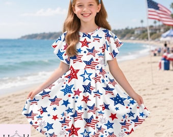 Girls 4th of July Dress, Patriotic Star Print Dress, Red White Blue Kids Dress, Independence Day Outfit, Toddler Summer Party Dress