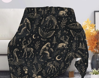 Cryptid Fleece Blanket | Bigfoot Mothman Loch Ness Throw Blanket | Dark Folklore Home Decor | Cozy Cabin Gift