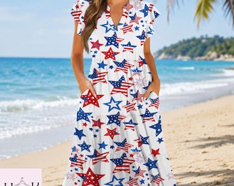 4th of July Star Print Dress for Women, Patriotic V-Neck Pocket Midi Dress, American Flag Summer Beach Dress, USA Independence Day Outfit