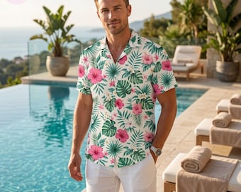 Pink Hibiscus Hawaiian Shirt, Tropical Floral Aloha Button Up Shirt, Summer Beach Vacation Shirt, Monstera Leaf Hawaiian Shirt