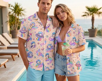 Matching Kawaii Space Hawaiian Shirts, Cute Astronaut Couple Button Up, Pastel UFO Aloha Beach Vacation Shirts