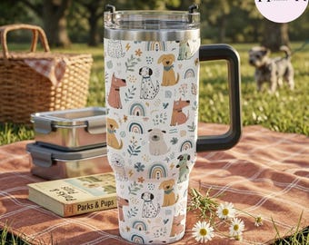Cute Dog Pattern Tumbler, Boho Rainbow Travel Mug, Insulated Stainless Steel Cup, Dog Lover Gift For Women, Aesthetic Puppy Water Bottle