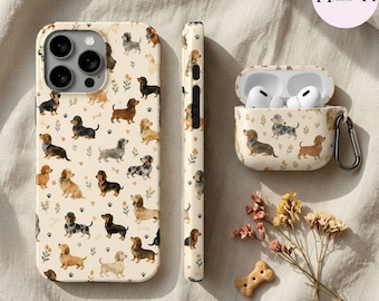 Dog iPhone 16 Pro Max Case and AirPods Case Set, Cute Dachshund Puppy Phone Cover for iPhone 15 14 13, Pet Lover Gift