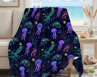 Glow in the Dark Ocean Blanket, Jellyfish Squid Anglerfish Throw, Colorful Marine Life Fleece Blanket