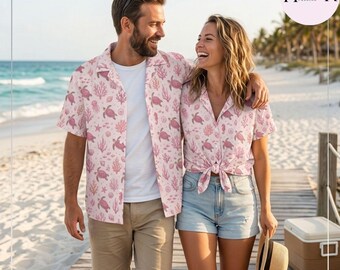 Pink Sea Turtle Hawaiian Shirt, Coral Reef Button Up, Ocean Life Beach Shirt, Tropical Vacation Top