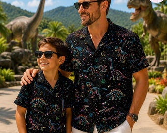 Chemise hawaïenne familiale assortie, dinosaure néon boutonné, tenue de vacances mari et papa Jurassic Park, cadeau de fête des pères T-Rex
